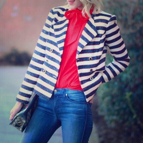 Cabi #5094 | Cruise Jacket Navy Cream Red Stripe Nautical Double Breasted Blazer - Picture 15 of 16